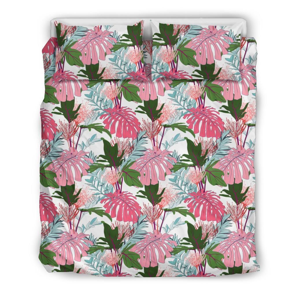 Hawaiian Pink Monstera And Green Tropical Leaves Pattern Polynesian Bedding Set