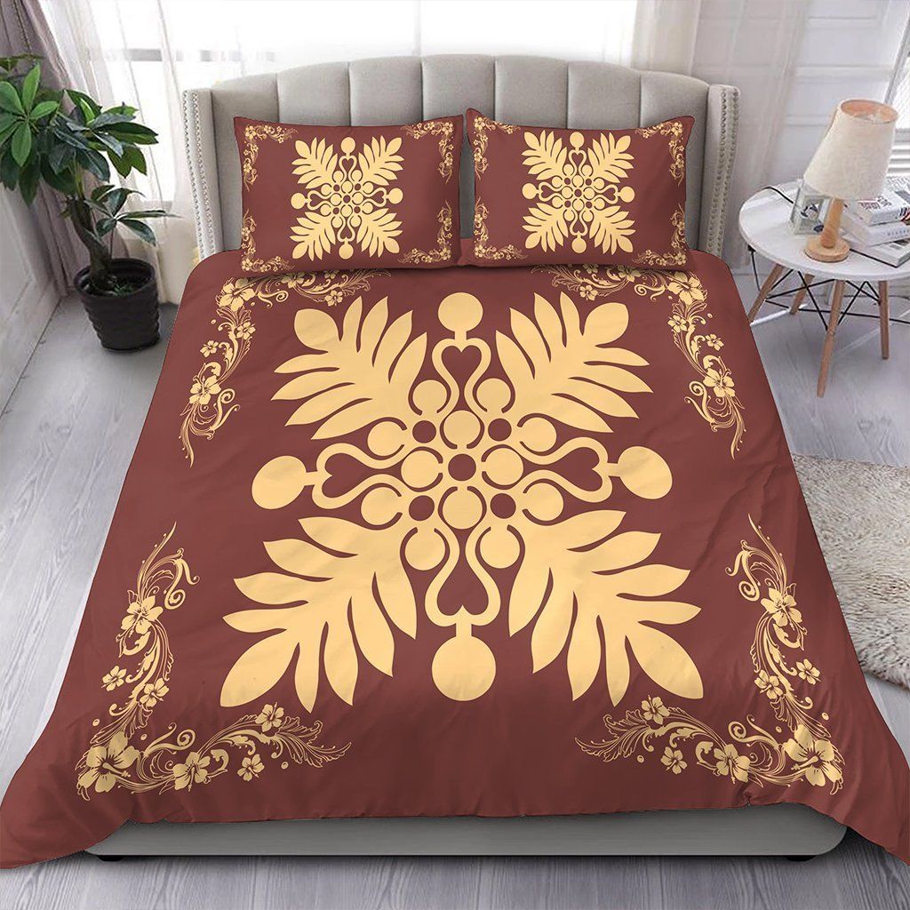 Hawaiian Plant And Hibiscus Pattern Beige Coral Bedding Set