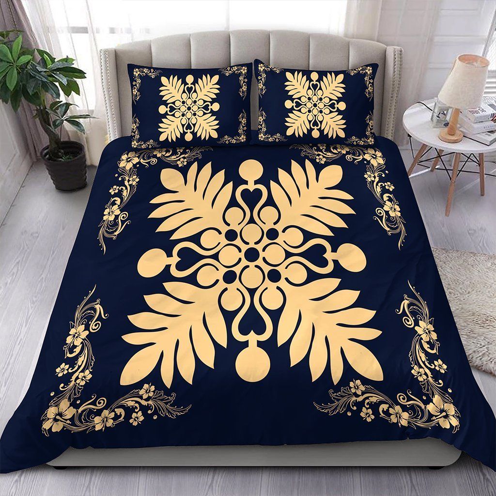 Hawaiian Plant And Hibiscus Pattern Beige Indigo Bedding Set