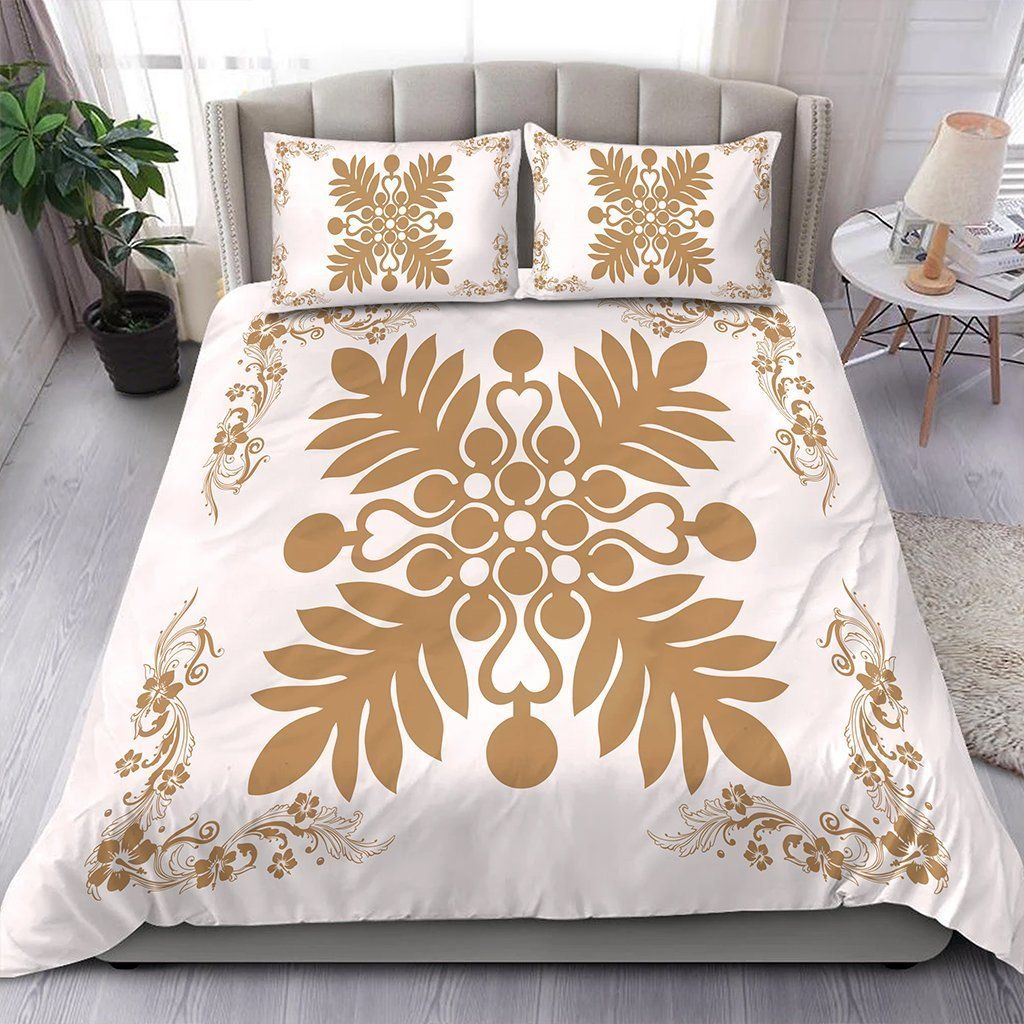 Hawaiian Plant And Hibiscus Pattern Gold White Bedding Set