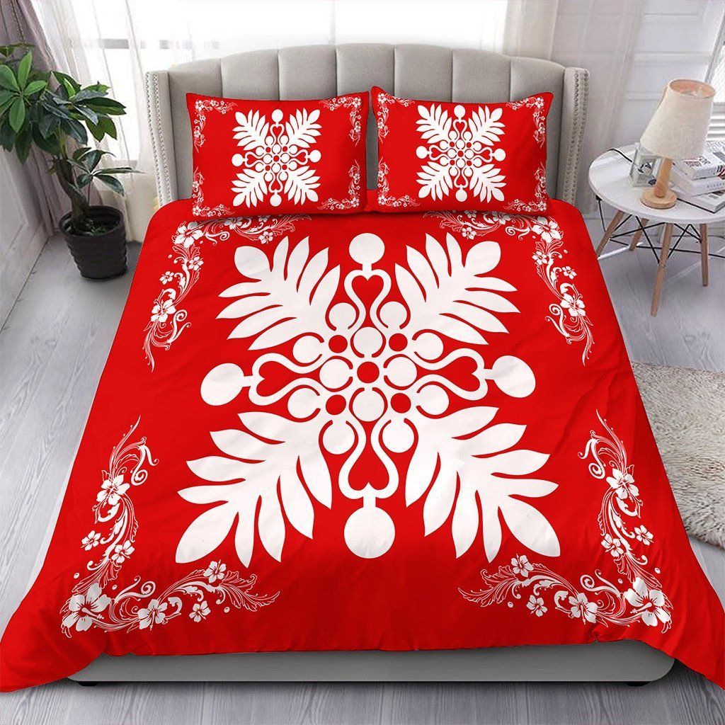 Hawaiian Plant And Hibiscus Pattern Red White Bedding Set