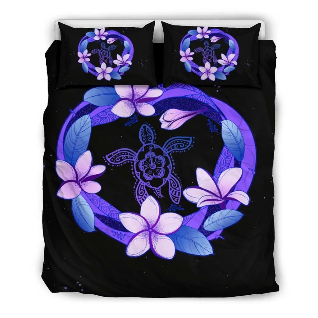 Hawaiian Plumeria Hibiscus Turtle Polynesian Purple Bedding Set