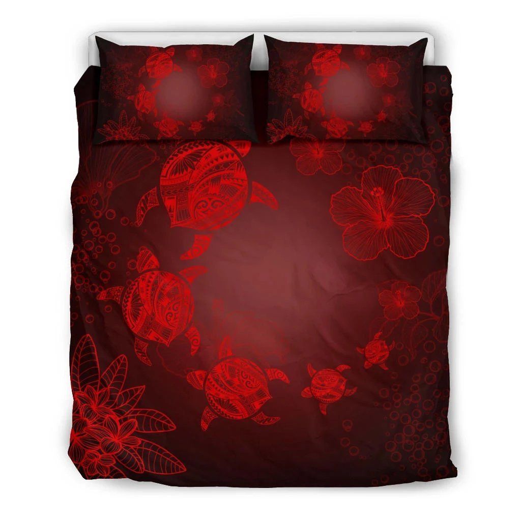 Hawaiian Plumeria Hibiscus Turtle Under The Sea Polynesian Red Bedding Set