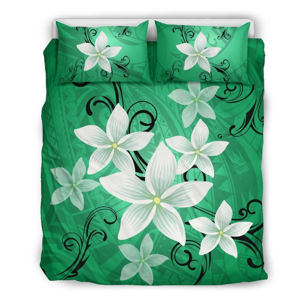 Hawaiian Plumeria Polynesian Green Bedding Set