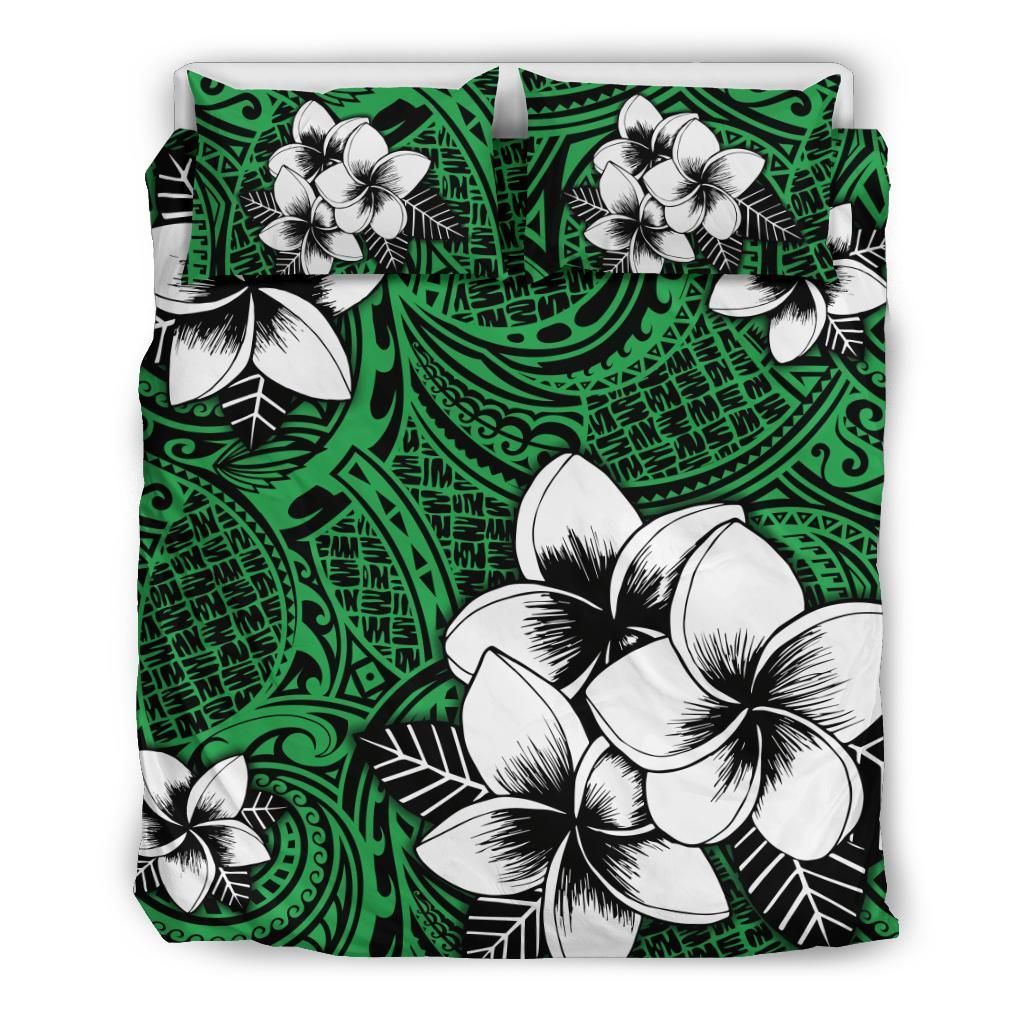 Hawaiian Plumeria Tribal Polynesian Green Bedding Set