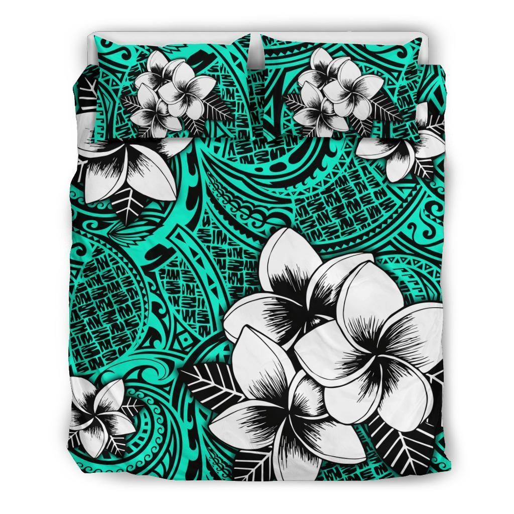Hawaiian Plumeria Tribe Turquoise Polynesian Bedding Set