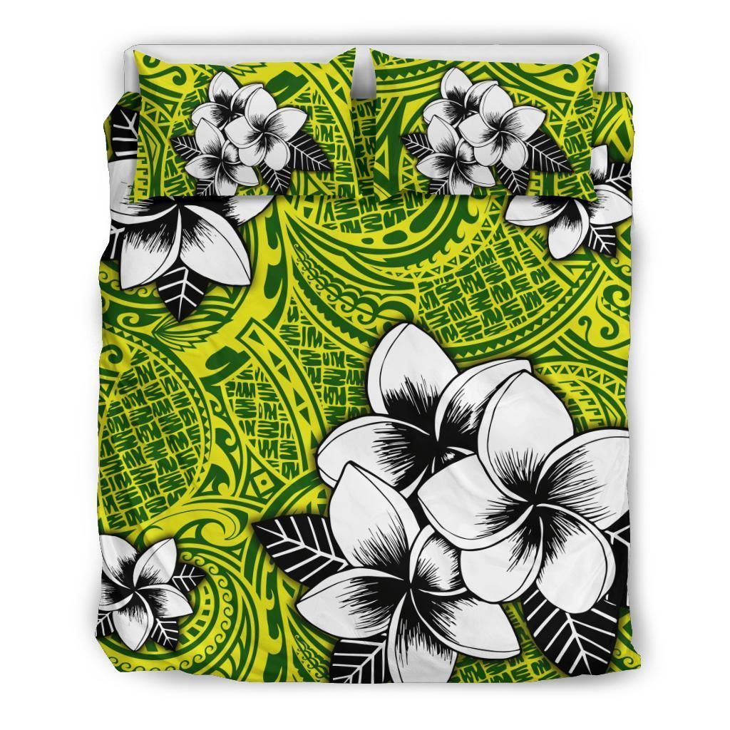 Hawaiian Plumeria Tribe Yellow Green Polynesian Bedding Set