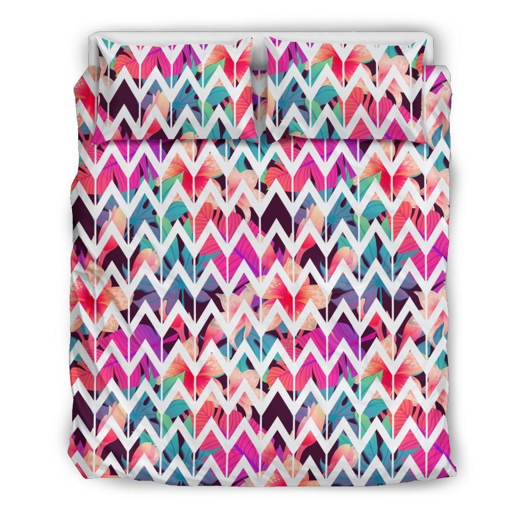 Hawaiian Plumeria Tropical Palm Foliage On Striped Zigzag Bedding Set
