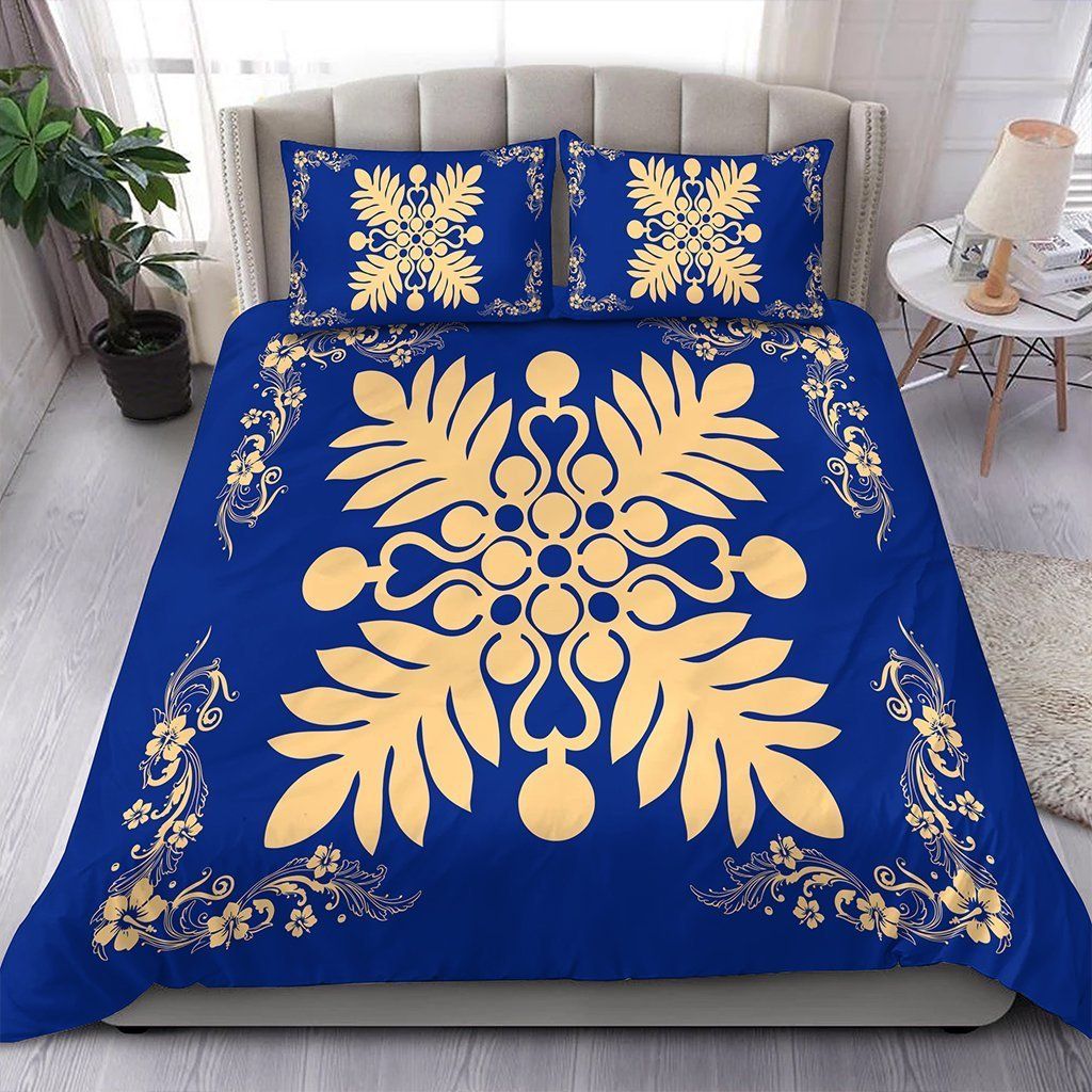 Hawaiian Quilt Maui Plant And Hibiscus Pattern Beige Blue Bedding Set
