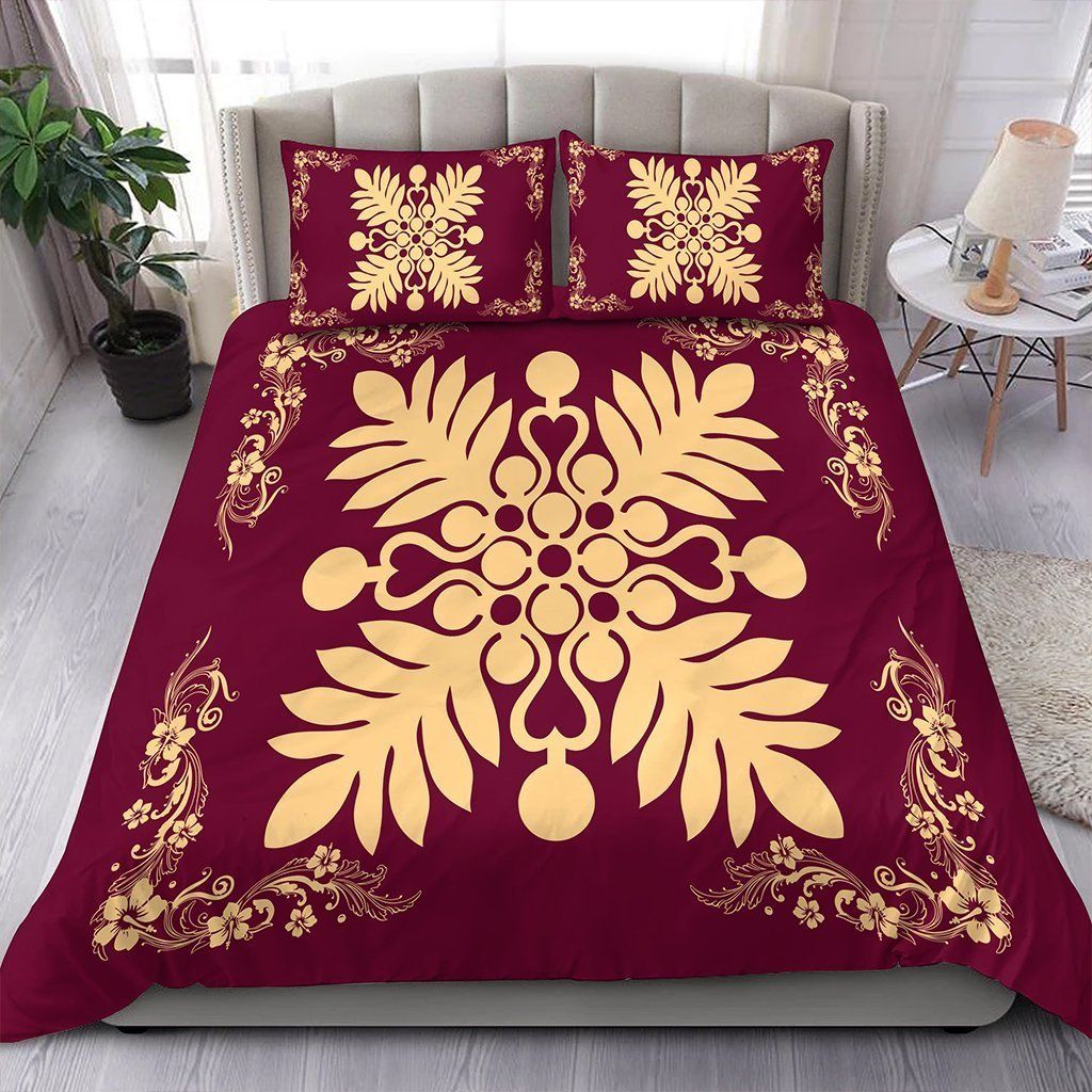 Hawaiian Quilt Maui Plant And Hibiscus Pattern Beige Burgundy Bedding Set