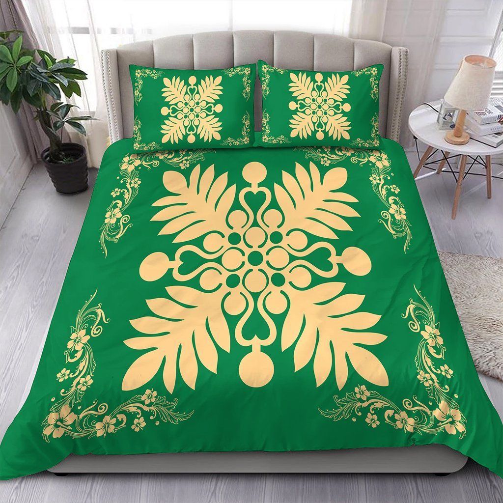 Hawaiian Quilt Maui Plant And Hibiscus Pattern Beige Green Bedding Set