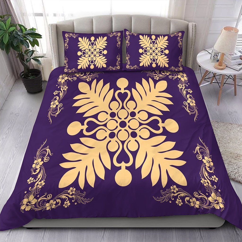 Hawaiian Quilt Maui Plant And Hibiscus Pattern Beige Purple Bedding Set