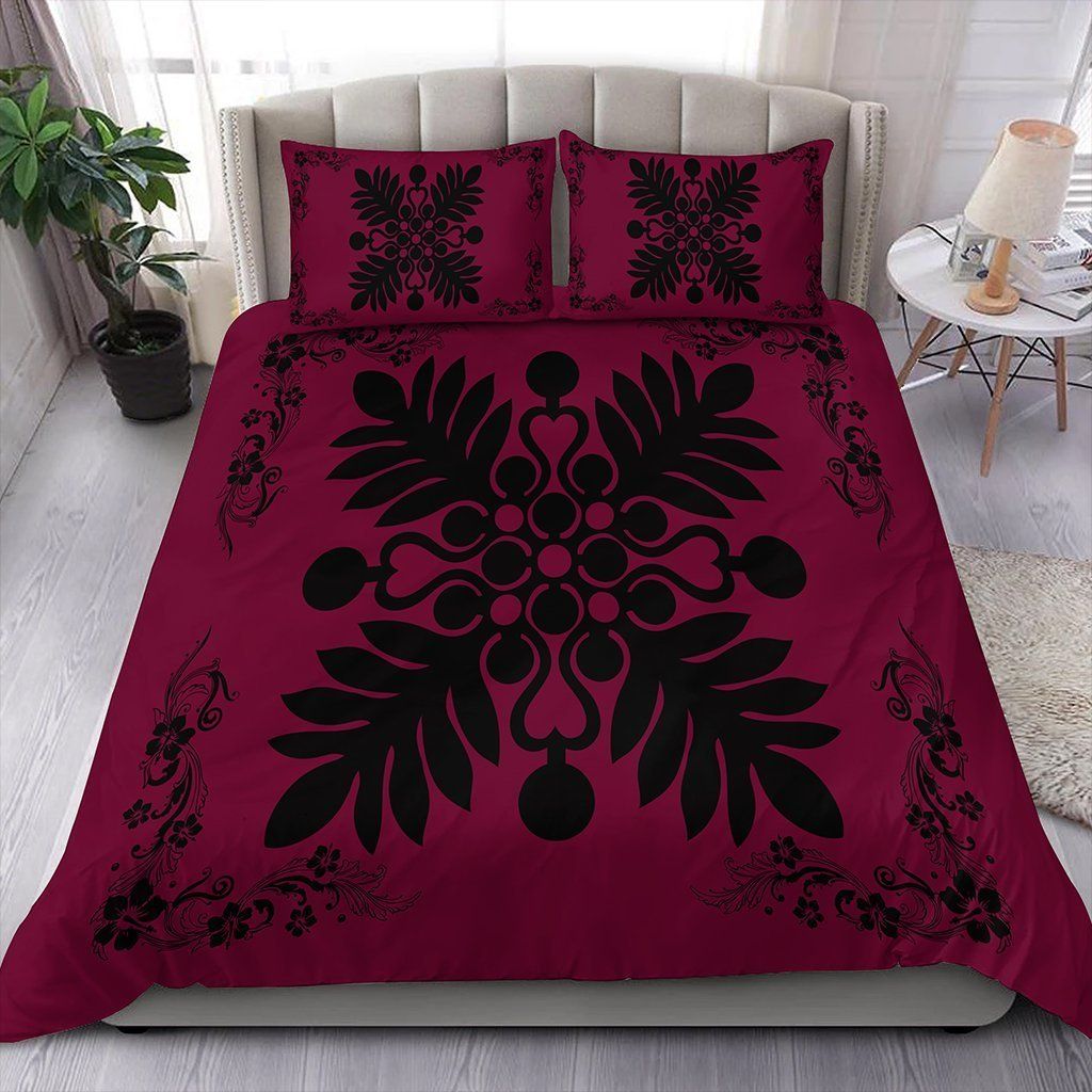 Hawaiian Quilt Maui Plant And Hibiscus Pattern Black Burgundy Bedding Set