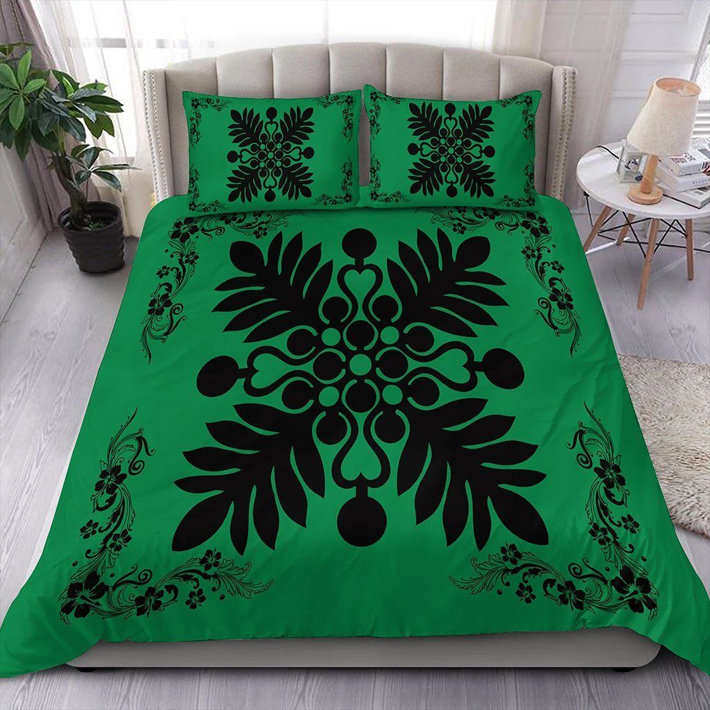 Hawaiian Quilt Maui Plant And Hibiscus Pattern Black Green Bedding Set