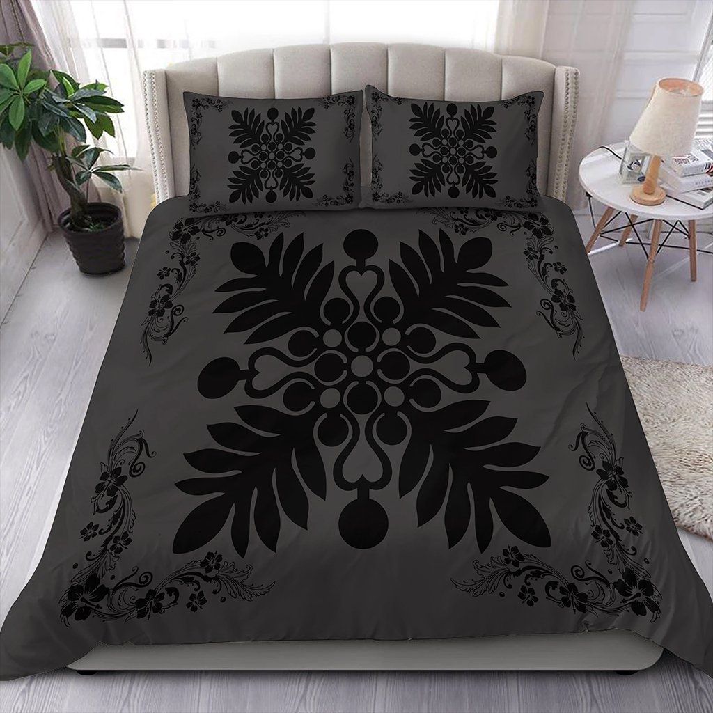 Hawaiian Quilt Maui Plant And Hibiscus Pattern Black Grey Bedding Set