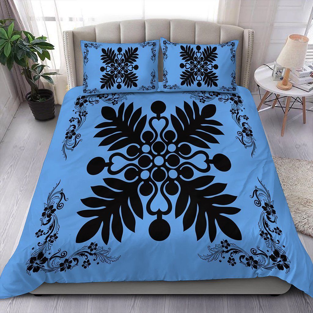 Hawaiian Quilt Maui Plant And Hibiscus Pattern Black Pastel Bedding Set