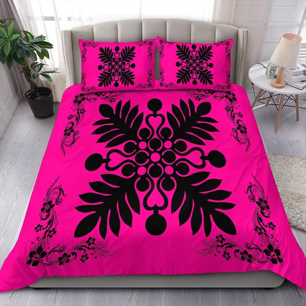 Hawaiian Quilt Maui Plant And Hibiscus Pattern Black Pink Bedding Set