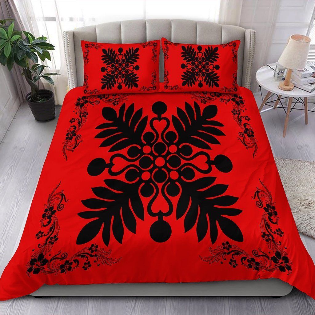 Hawaiian Quilt Maui Plant And Hibiscus Pattern Black Red Bedding Set
