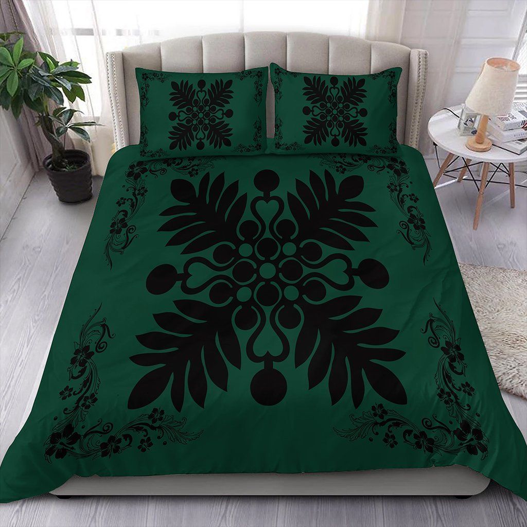 Hawaiian Quilt Maui Plant And Hibiscus Pattern Black Sacramento Bedding Set