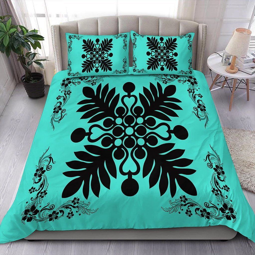 Hawaiian Quilt Maui Plant And Hibiscus Pattern Black Turquoise Bedding Set