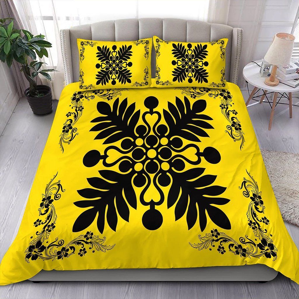 Hawaiian Quilt Maui Plant And Hibiscus Pattern Black Yellow Bedding Set