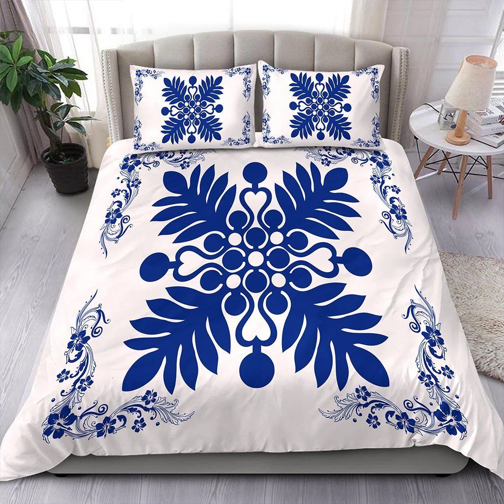 Hawaiian Quilt Maui Plant And Hibiscus Pattern Blue White Bedding Set