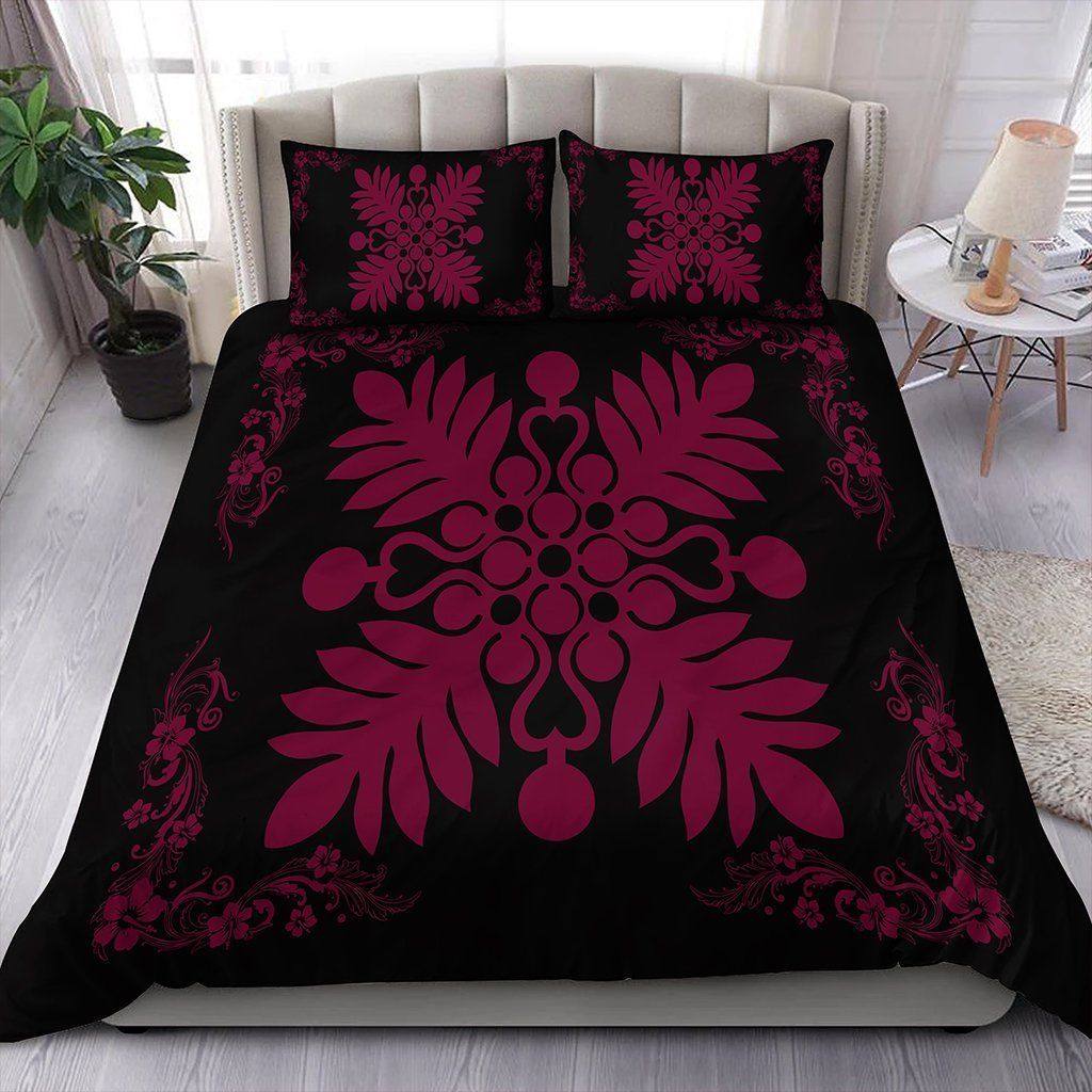 Hawaiian Quilt Maui Plant And Hibiscus Pattern Burgundy Black Bedding Set