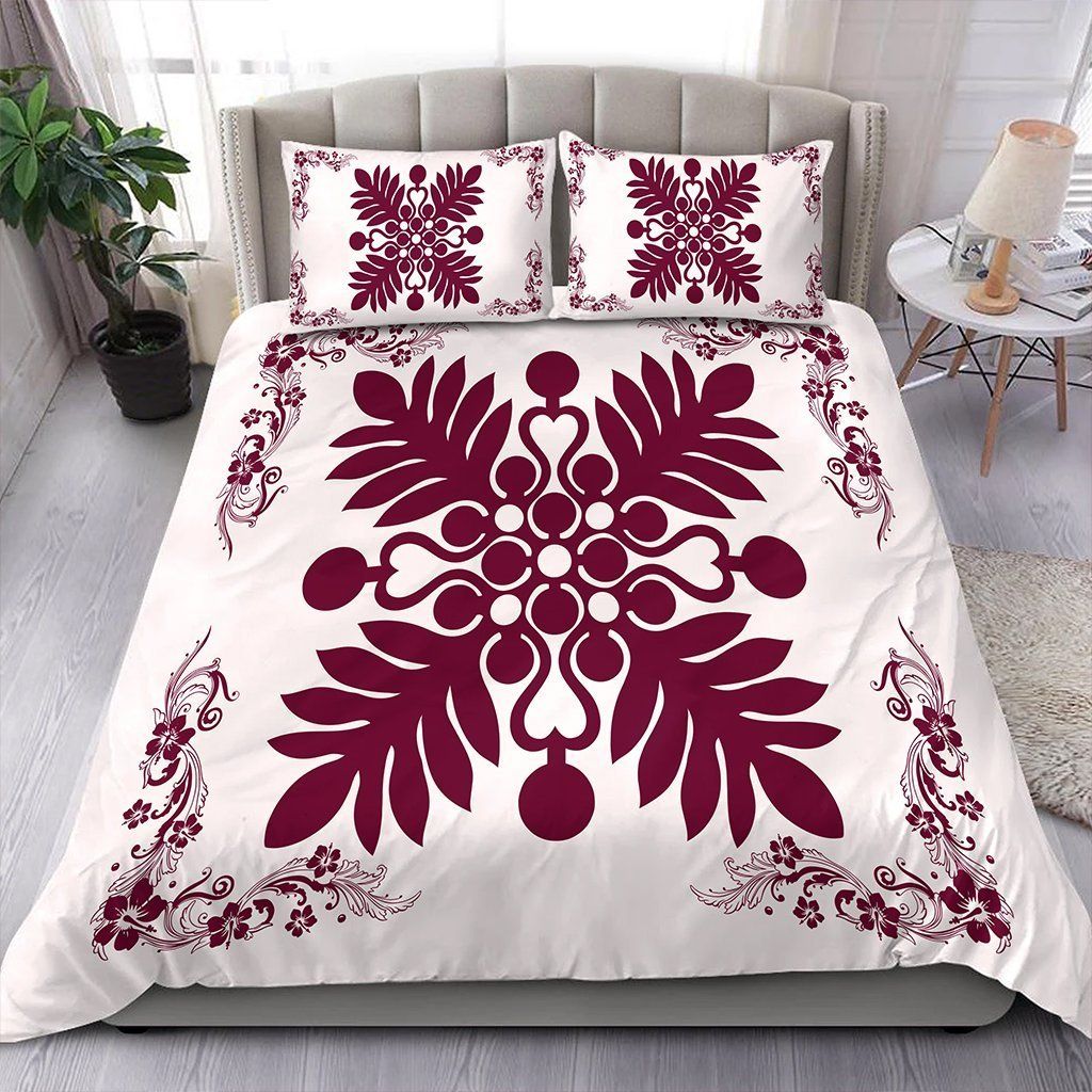Hawaiian Quilt Maui Plant And Hibiscus Pattern Burgundy White Bedding Set