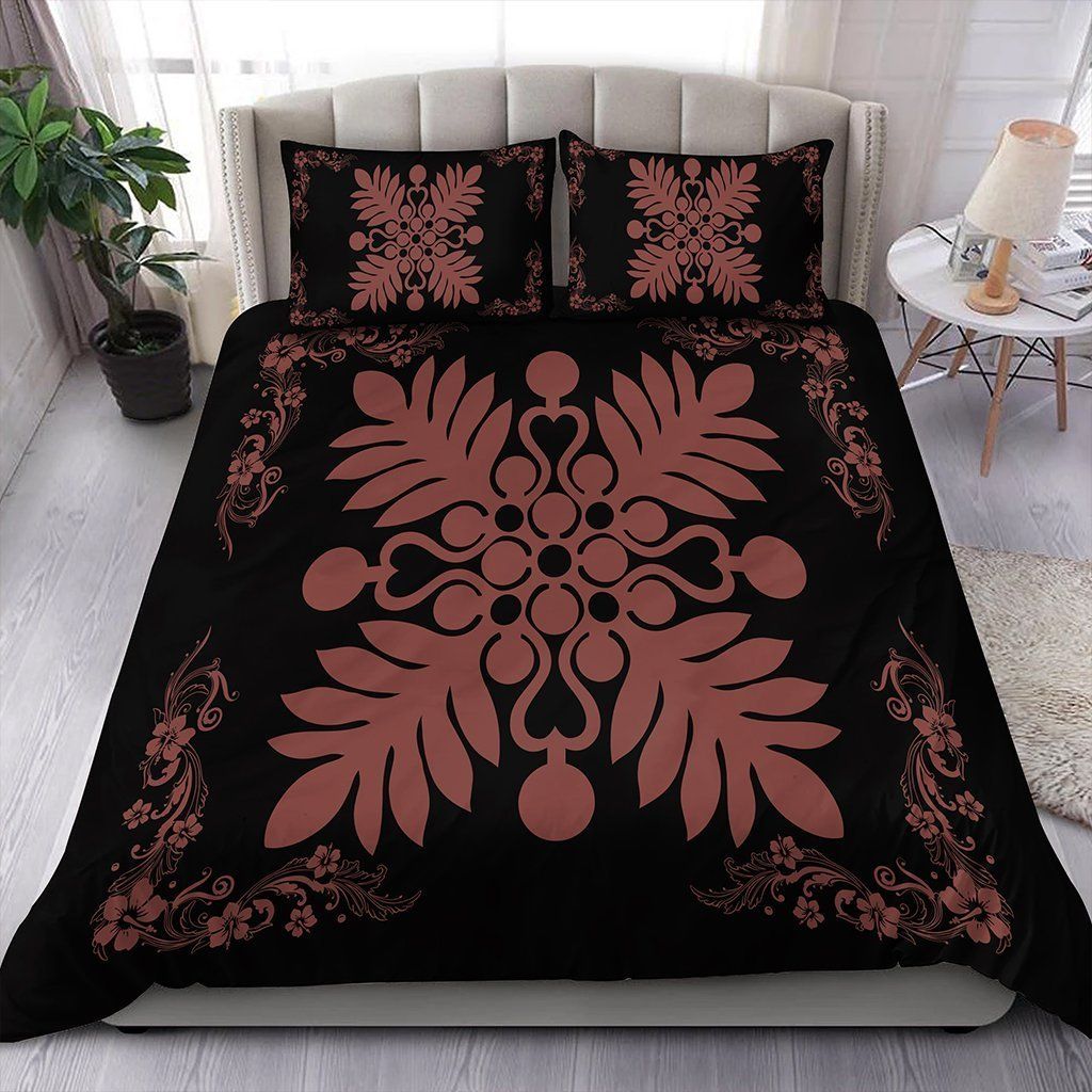 Hawaiian Quilt Maui Plant And Hibiscus Pattern Coral Black Bedding Set
