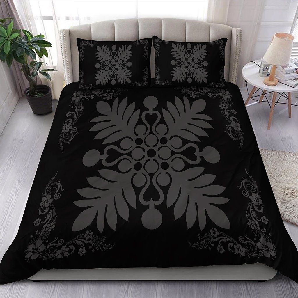Hawaiian Quilt Maui Plant And Hibiscus Pattern Gray Black Bedding Set