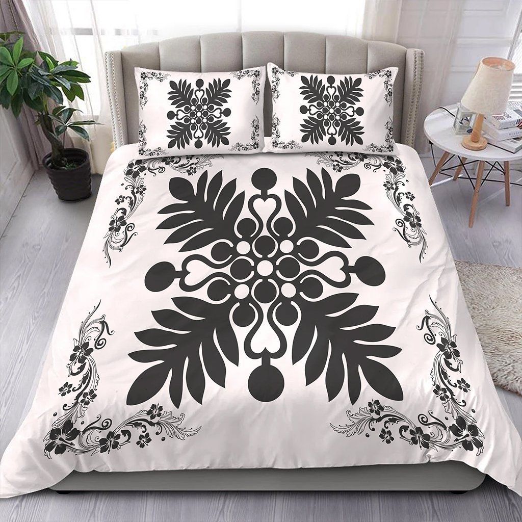 Hawaiian Quilt Maui Plant And Hibiscus Pattern Gray White Bedding Set