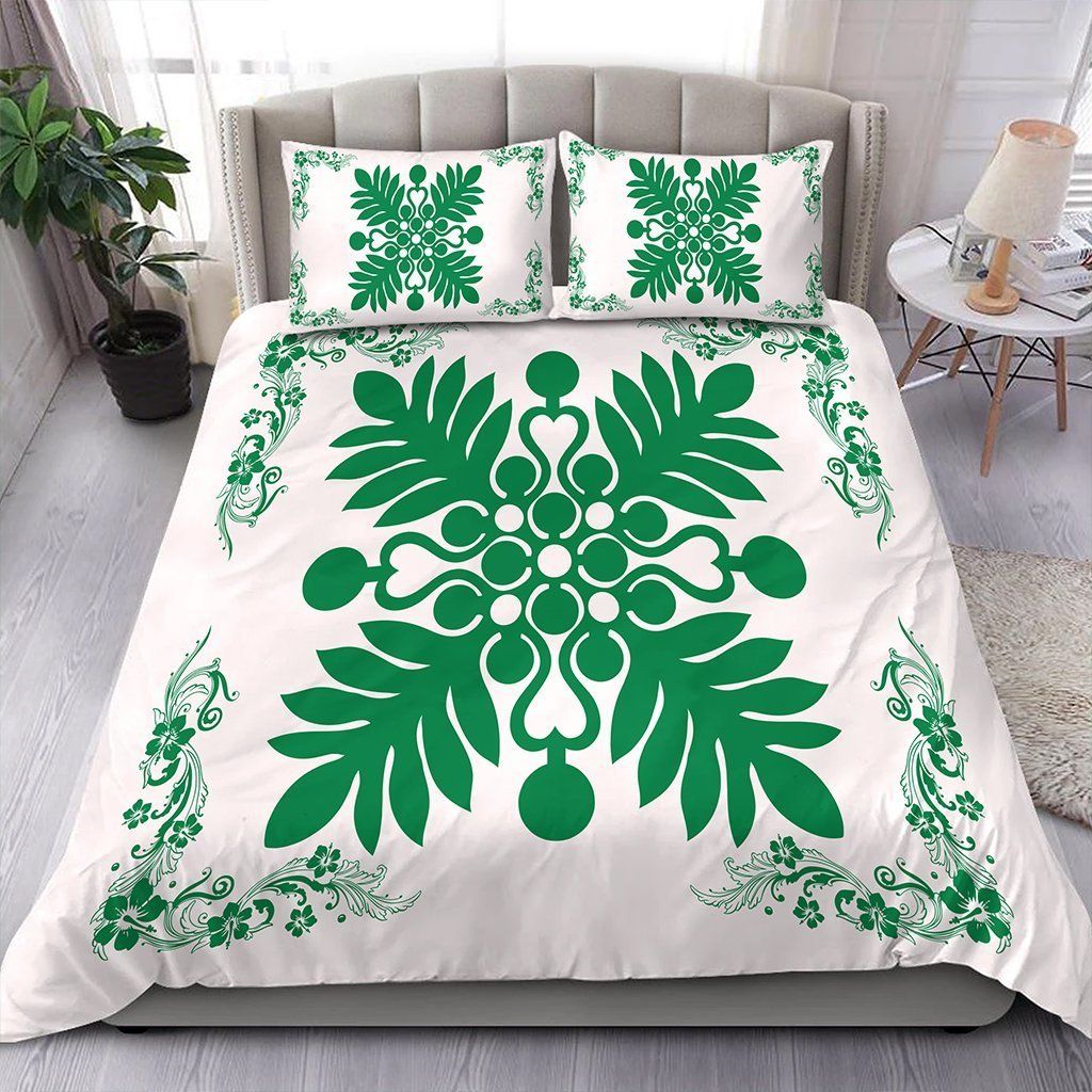 Hawaiian Quilt Maui Plant And Hibiscus Pattern Green White Bedding Set