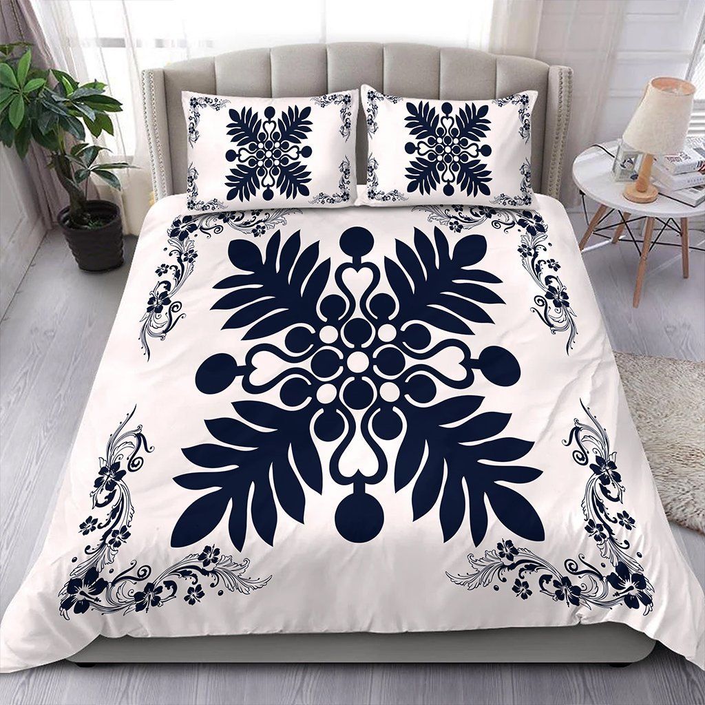 Hawaiian Quilt Maui Plant And Hibiscus Pattern Indigo White Bedding Set