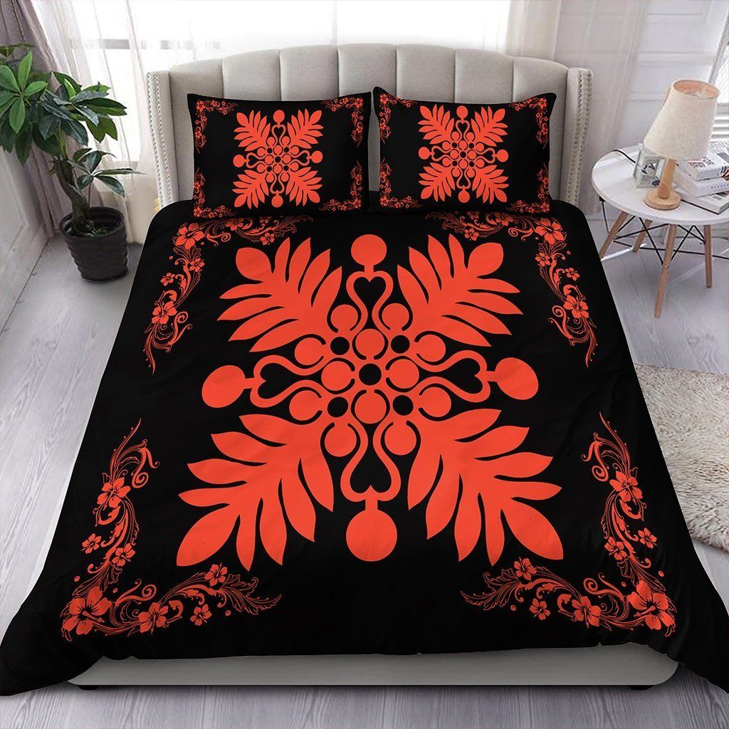 Hawaiian Quilt Maui Plant And Hibiscus Pattern Orange Black Bedding Set