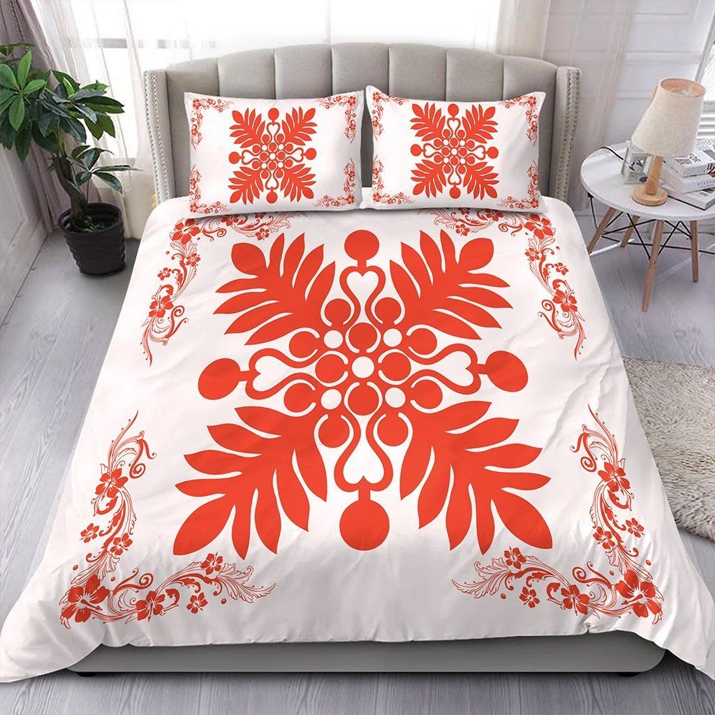 Hawaiian Quilt Maui Plant And Hibiscus Pattern Orange White Bedding Set