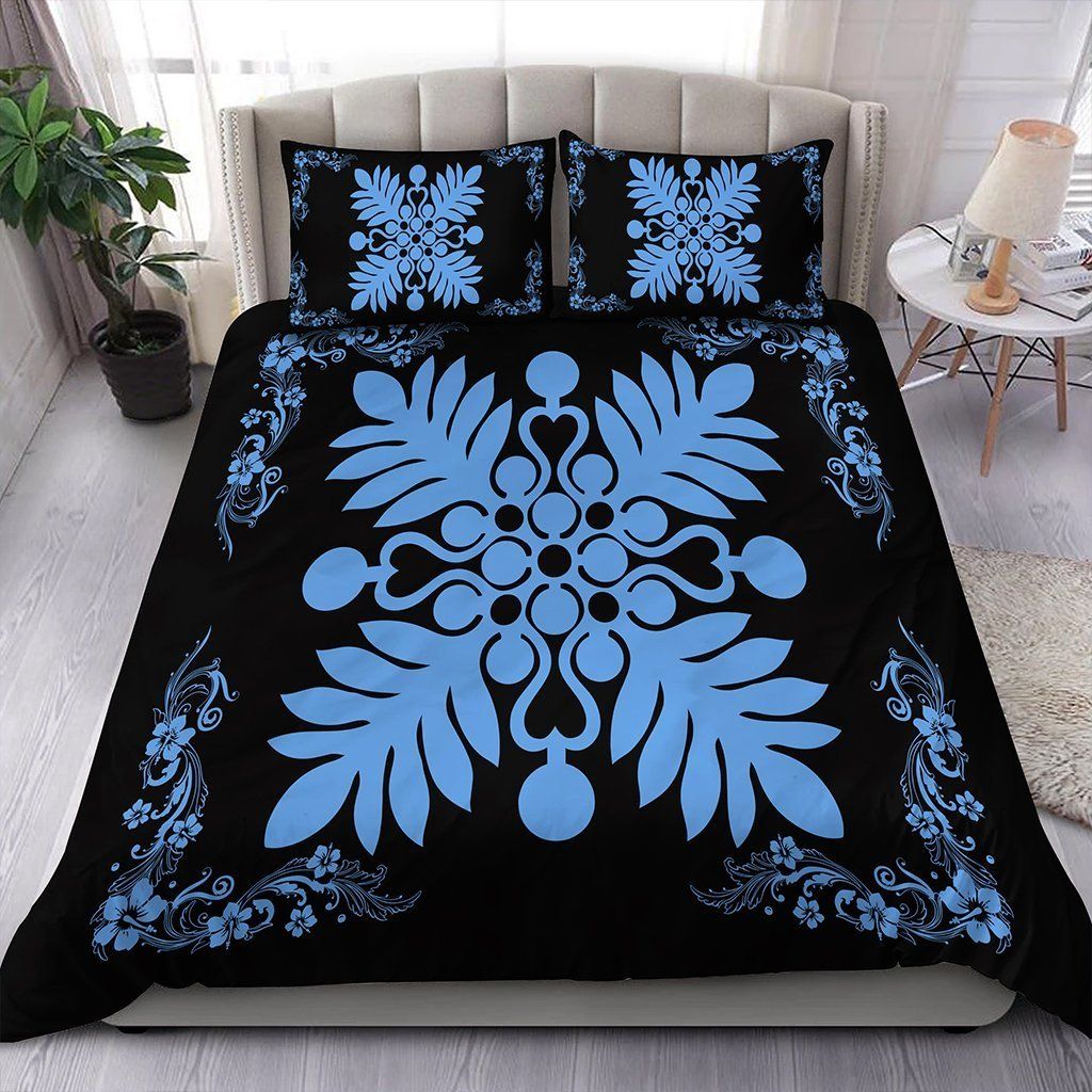 Hawaiian Quilt Maui Plant And Hibiscus Pattern Pastel Black Bedding Set