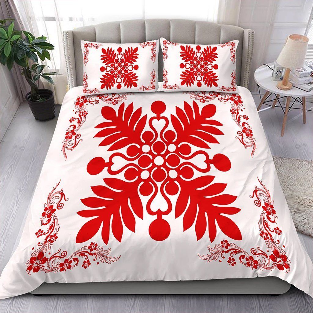 Hawaiian Quilt Maui Plant And Hibiscus Pattern Red White Bedding Set