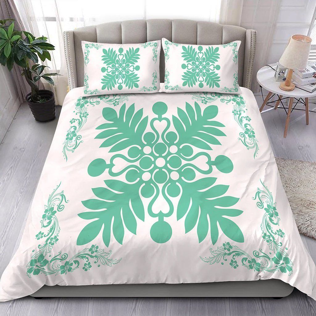 Hawaiian Quilt Maui Plant And Hibiscus Pattern Seafoam White Bedding Set