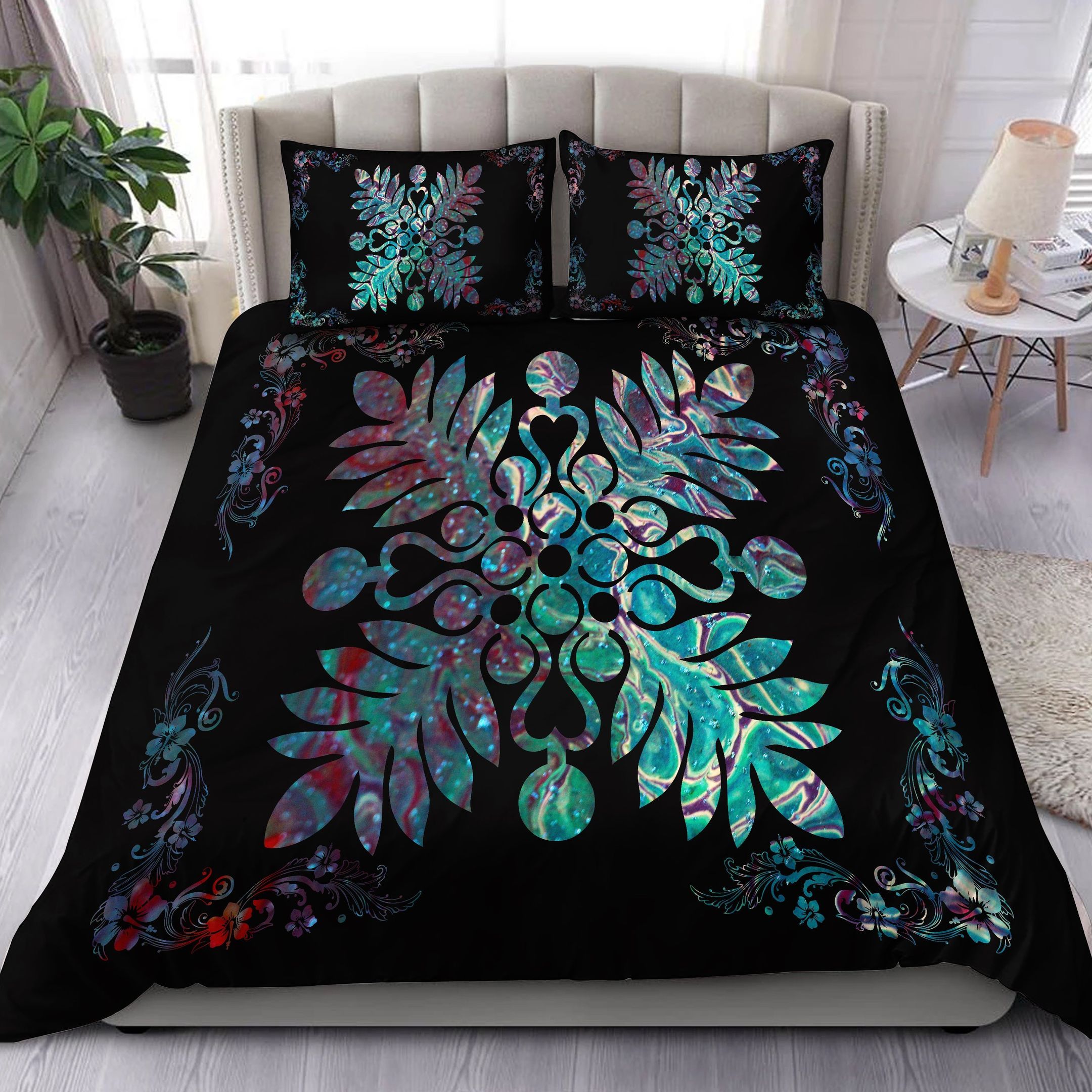Hawaiian Quilt Maui Plant And Hibiscus Pattern Shell Black Bedding Set