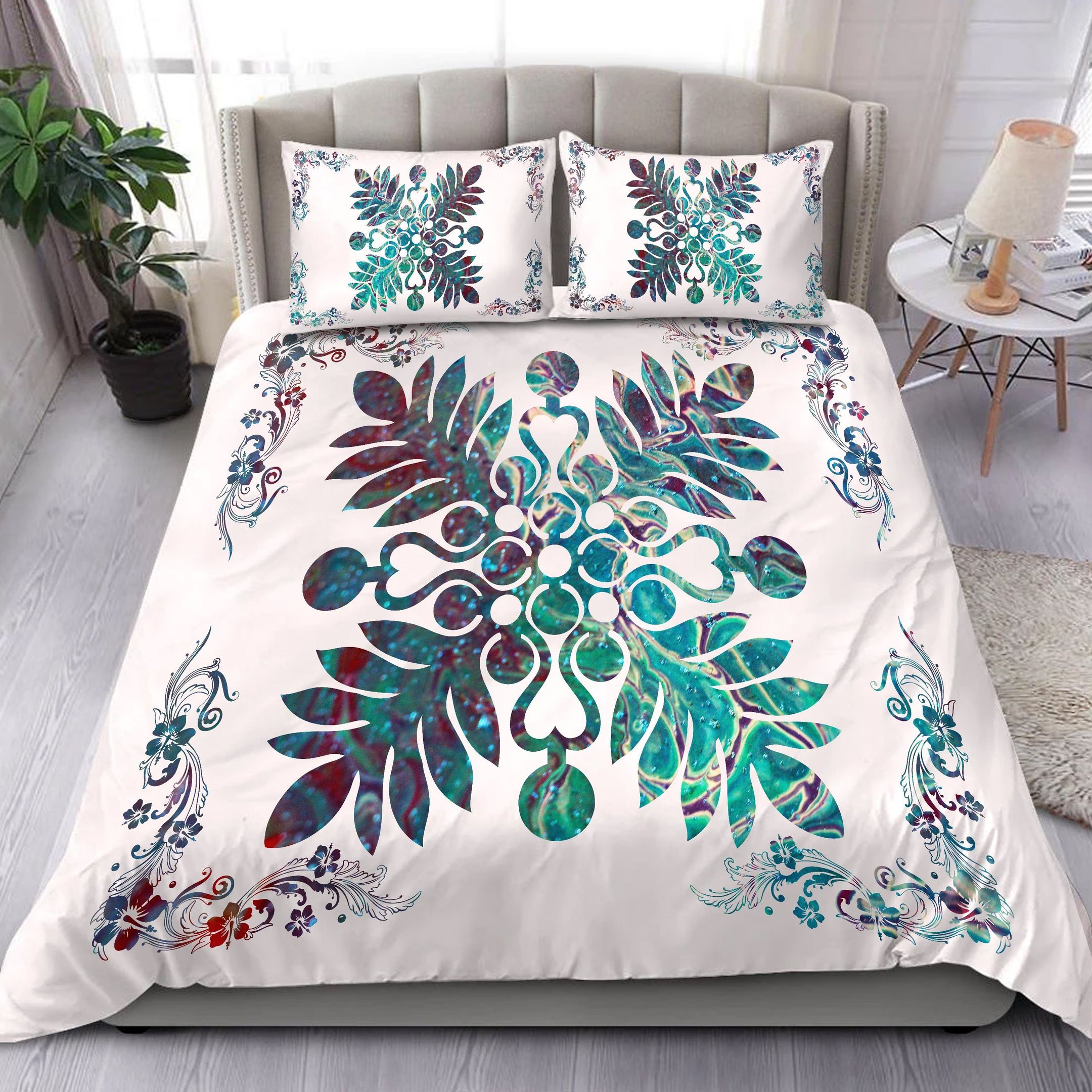 Hawaiian Quilt Maui Plant And Hibiscus Pattern Shell White Bedding Set