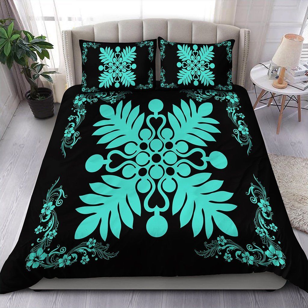 Hawaiian Quilt Maui Plant And Hibiscus Pattern Turquoise Black Bedding Set