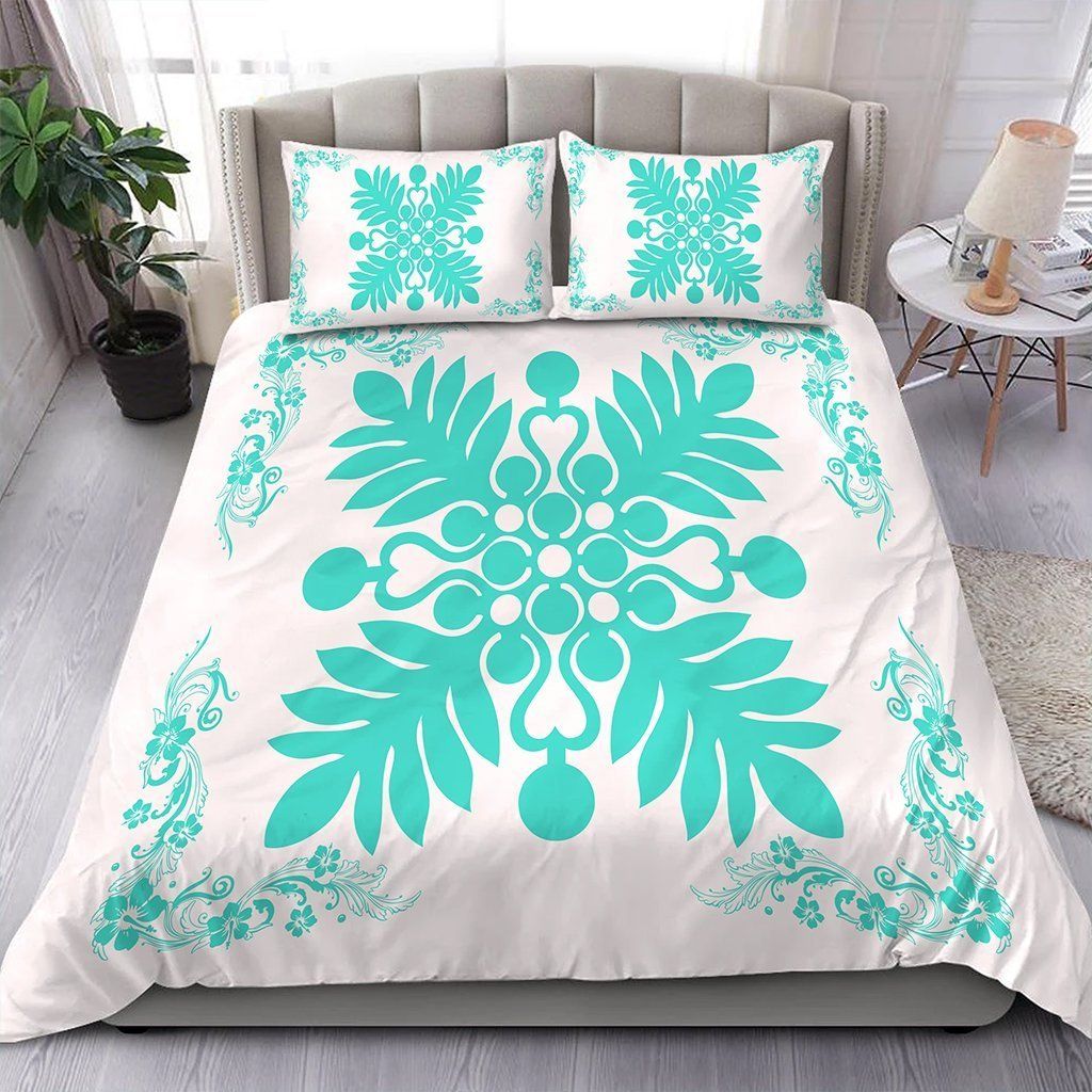 Hawaiian Quilt Maui Plant And Hibiscus Pattern Turquoise White Bedding Set