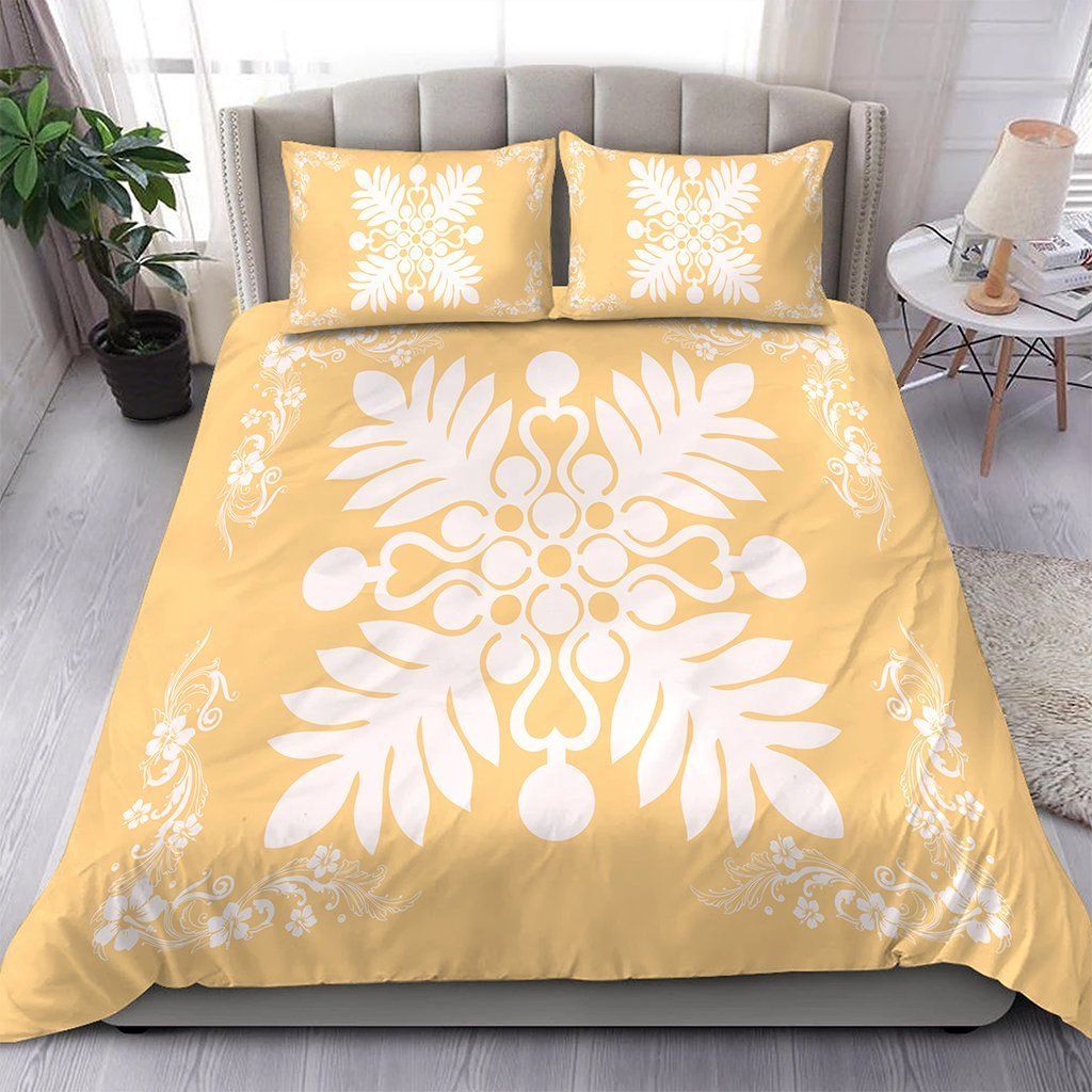 Hawaiian Quilt Maui Plant And Hibiscus Pattern White Beige Bedding Set