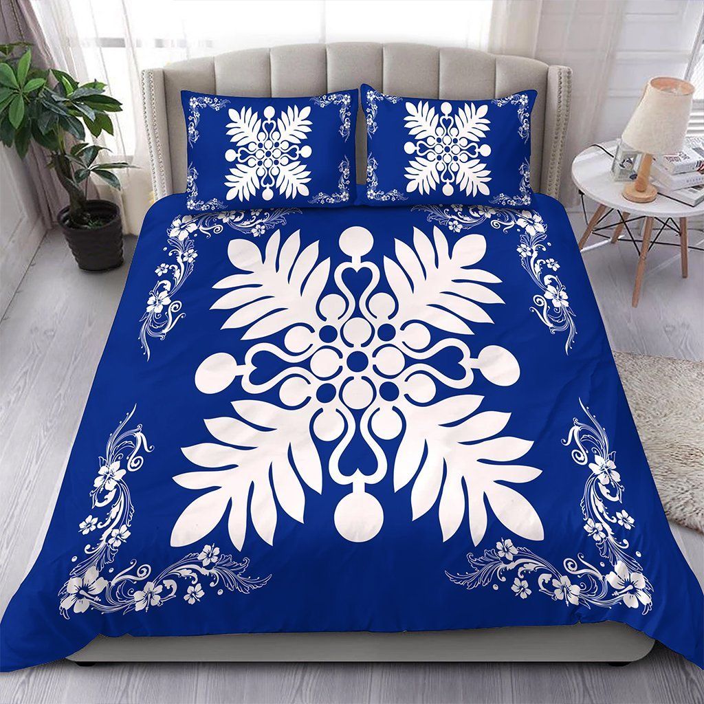 Hawaiian Quilt Maui Plant And Hibiscus Pattern White Blue Bedding Set
