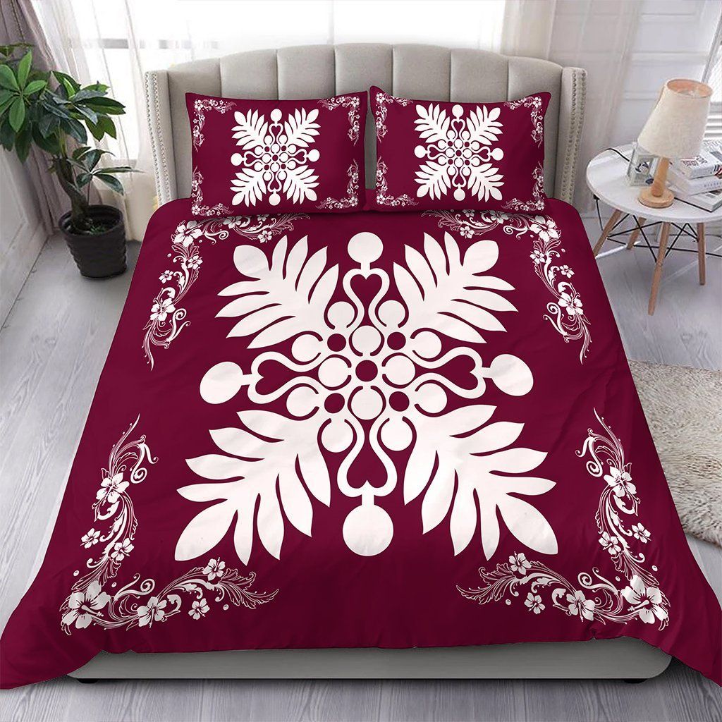Hawaiian Quilt Maui Plant And Hibiscus Pattern White Burgundy Bedding Set