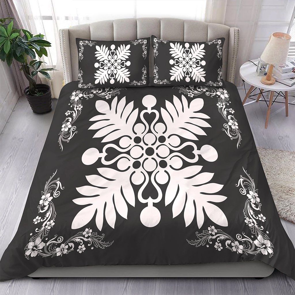Hawaiian Quilt Maui Plant And Hibiscus Pattern White Gray Bedding Set