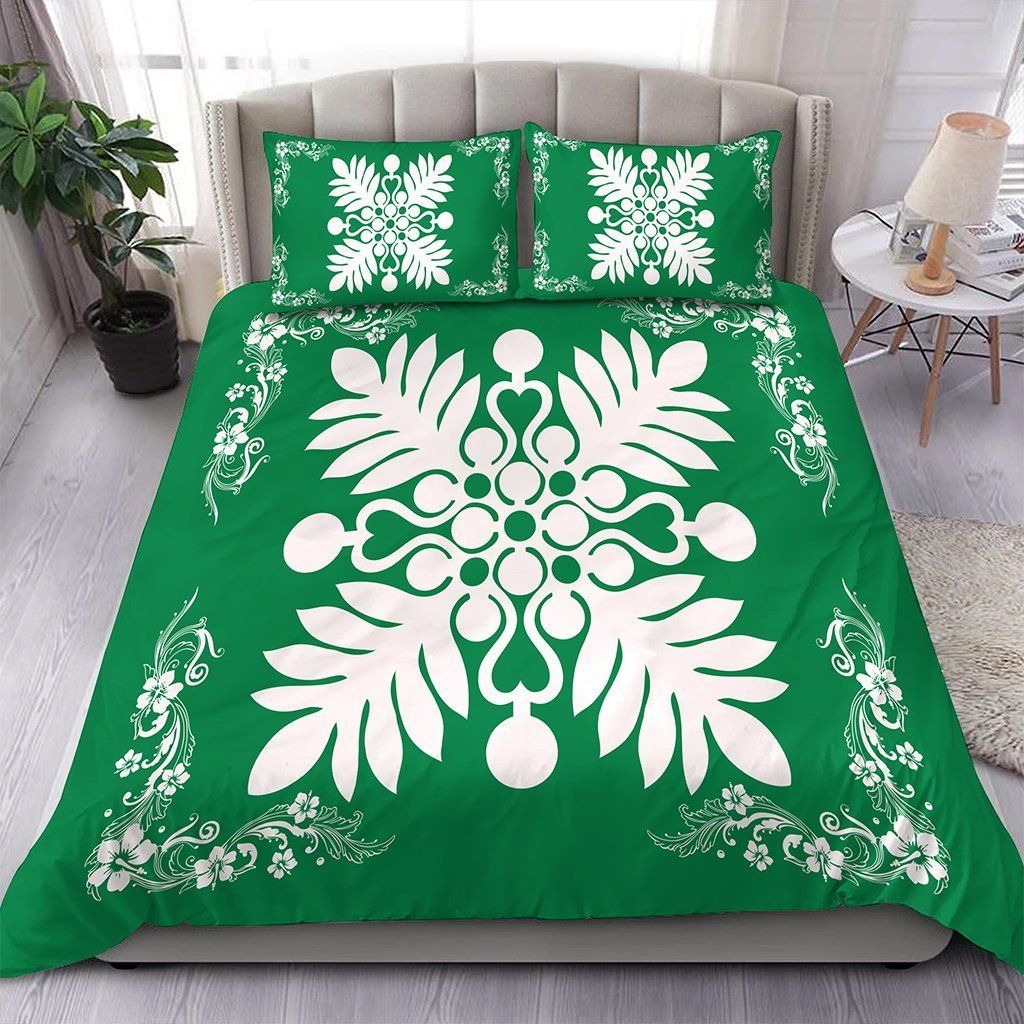 Hawaiian Quilt Maui Plant And Hibiscus Pattern White Green Bedding Set