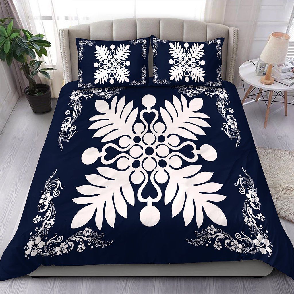 Hawaiian Quilt Maui Plant And Hibiscus Pattern White Indigo Bedding Set
