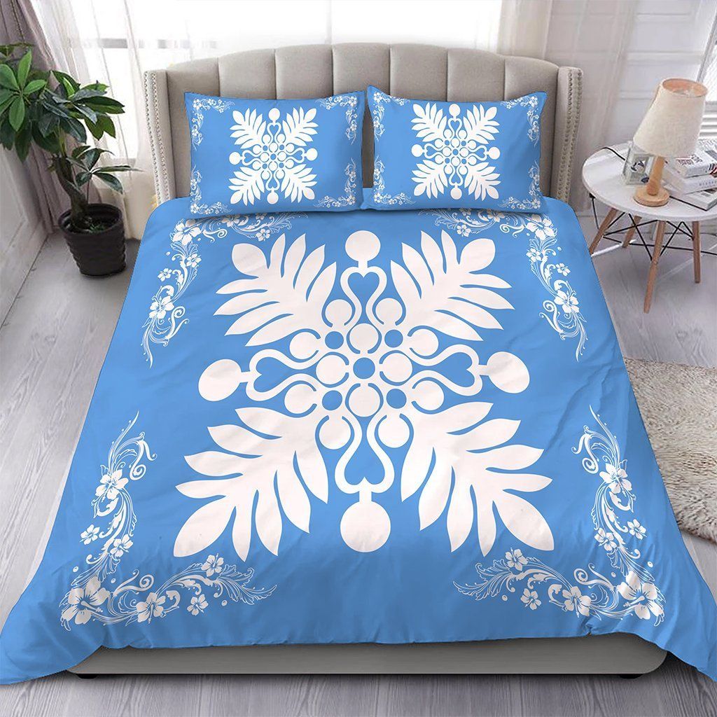 Hawaiian Quilt Maui Plant And Hibiscus Pattern White Pastel Bedding Set