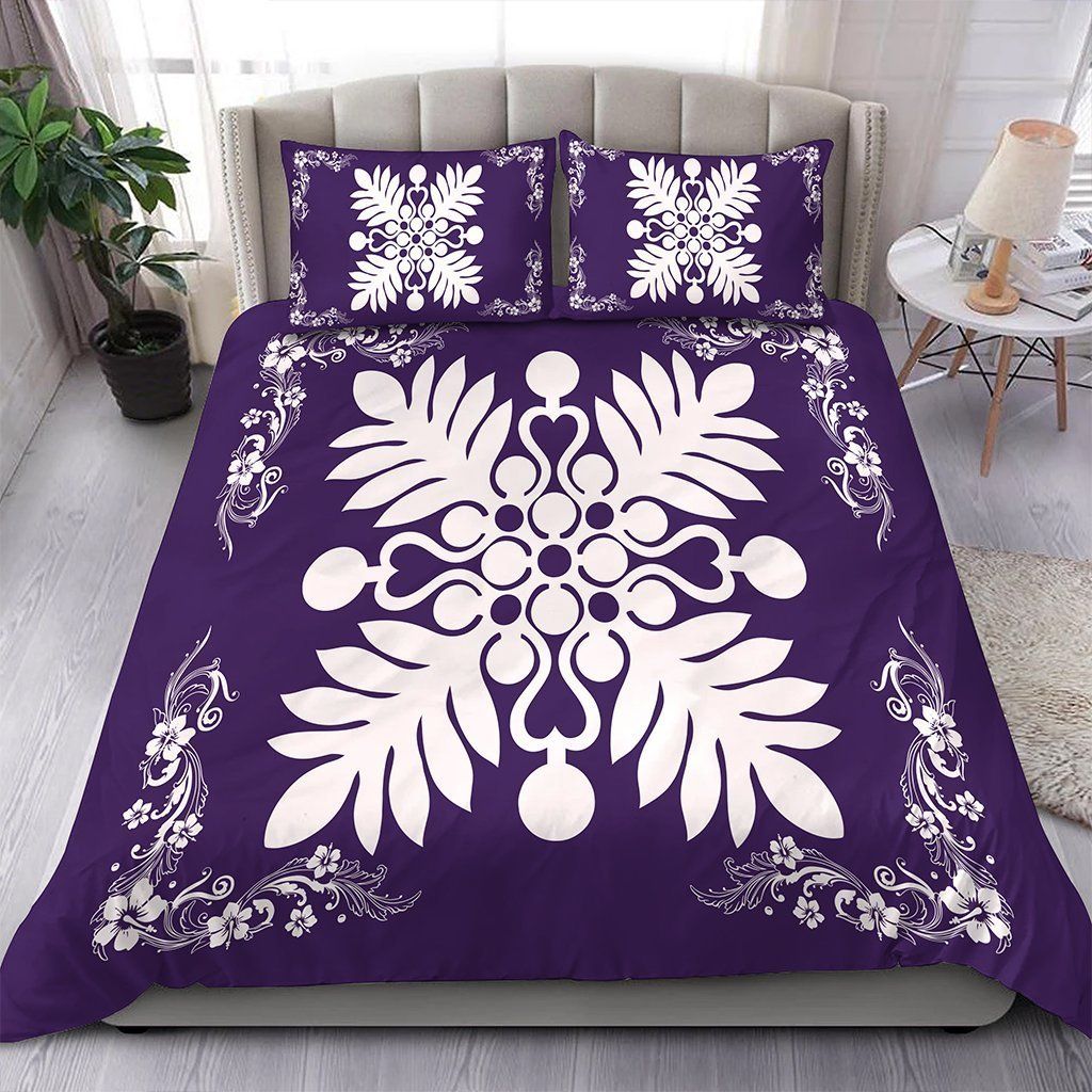 Hawaiian Quilt Maui Plant And Hibiscus Pattern White Purple Bedding Set
